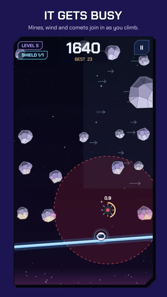 IT GETS BUSY. Mines, wind and comets join in as you climb.